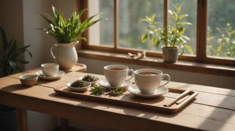 Herbs and cups of tea beside window during morning sunlight