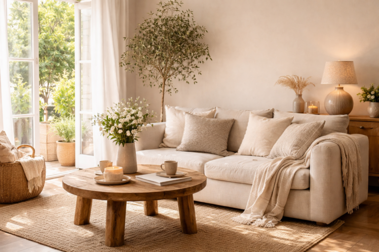 Serene livingroom with natural elements