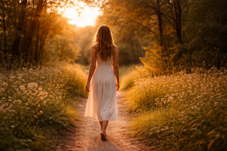 Beautiful woman walk away barefoot on a forest path during sunset