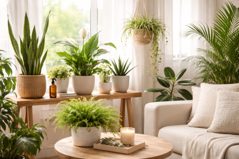 Bright and serene plant-filled living room