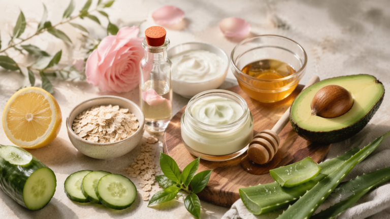 Natural skincare ingredients flat lay, by AnaviAmara
