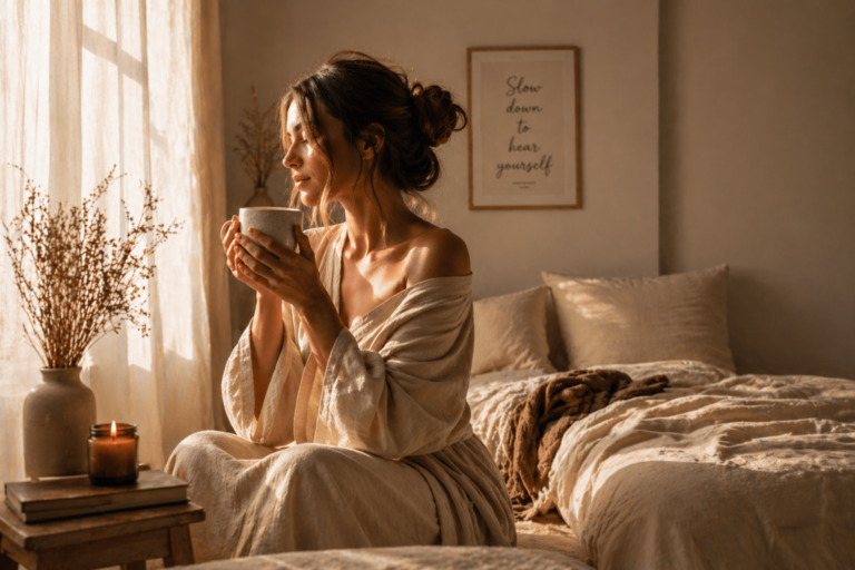 A serene, intimate scene of a woman sitting near a softly lit window during golden hour, wrapped in a light linen robe, holding a warm cup of tea in both hands