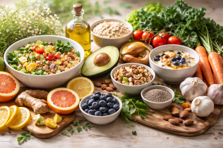 Fresh food on a rustic table