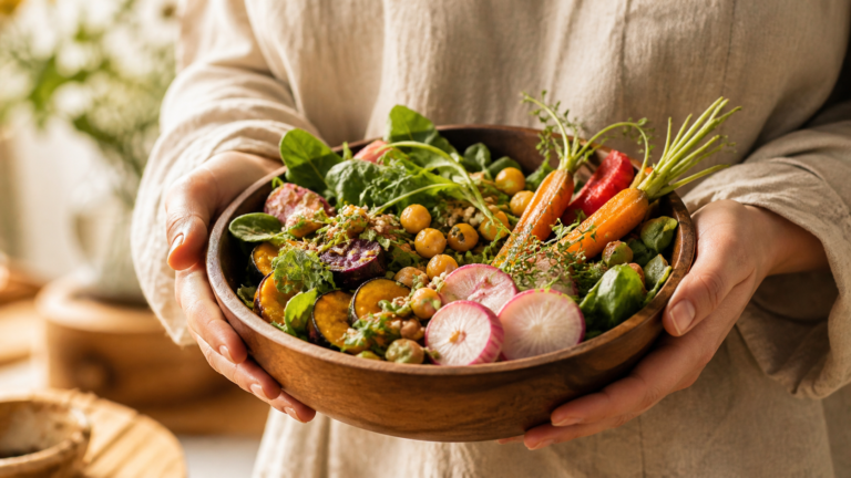 A close-up of hands holding a wooden bowl filled with vibrant seasonal vegetables, including radishes, carrots, and roasted squash. The scene is bathed in warm, natural light, highlighting the texture of linen clothing and the freshness of the ingredients, symbolizing a deep connection to the Earth.