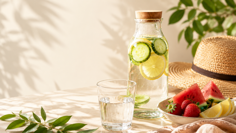 Fresh infused water, watermelon, strawberries, and natural summer skincare hydration concept in soft sunlight.